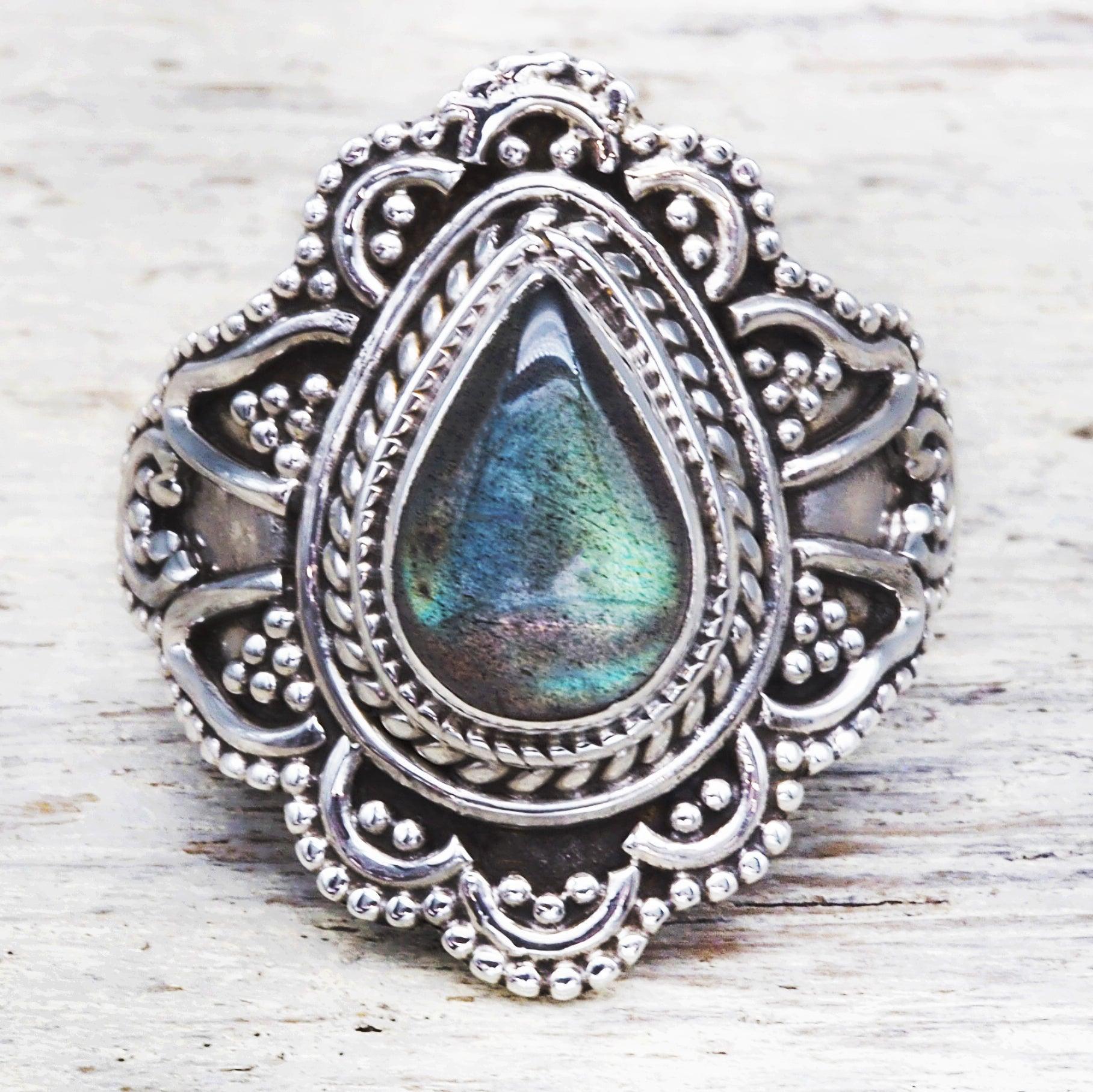 Labradorite Flower Ring - womens jewellery by indie and harper