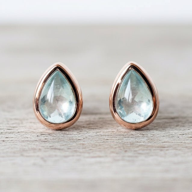 Rose Gold March Birthstone Aquamarine earrings by indie and harper australia