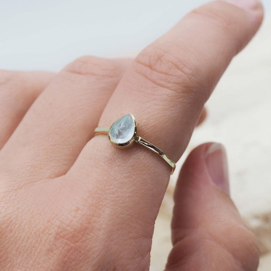 Finger wearing March Birthstone Ring - gold Aquamarine ring - Australian jewellery brand