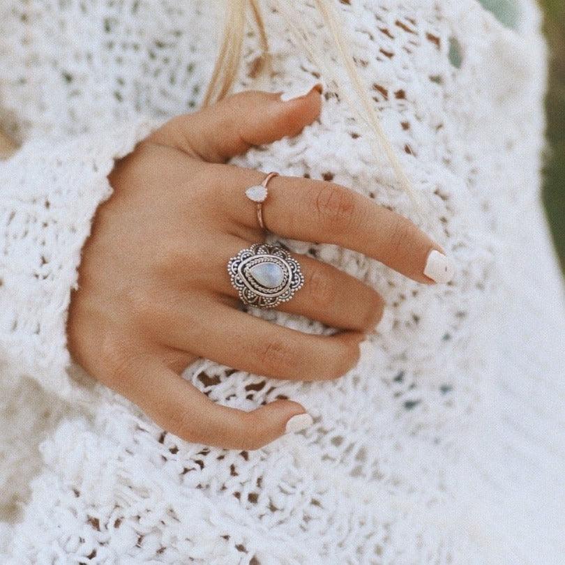 Woman wearing Moonstone Ring - moonstone jewellery Australia