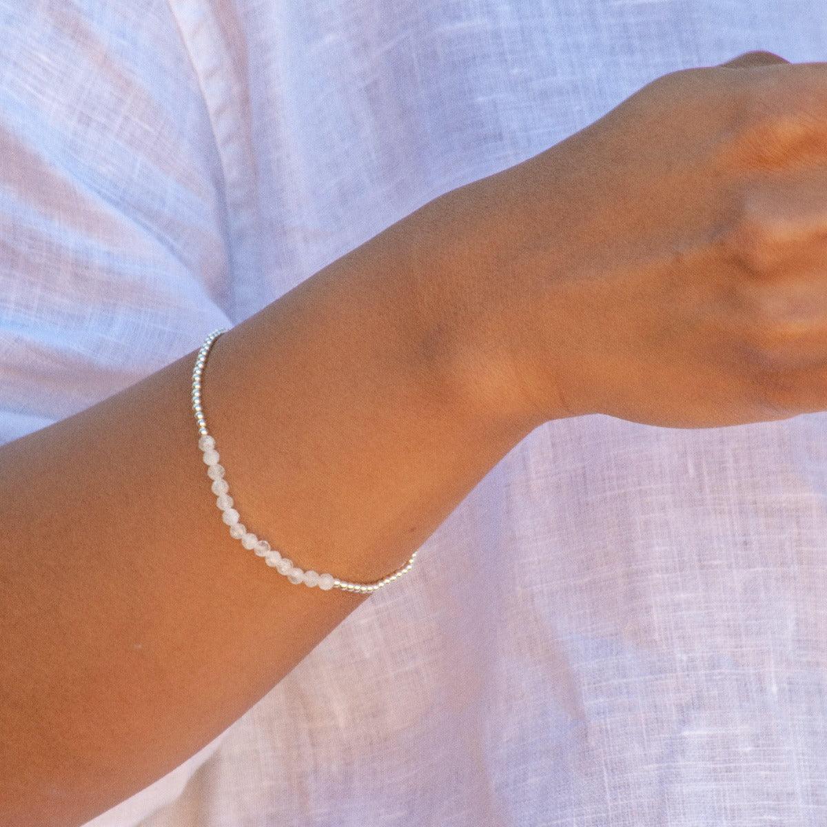 indie and harper sterling silver Moonstone beaded Bracelet being worn