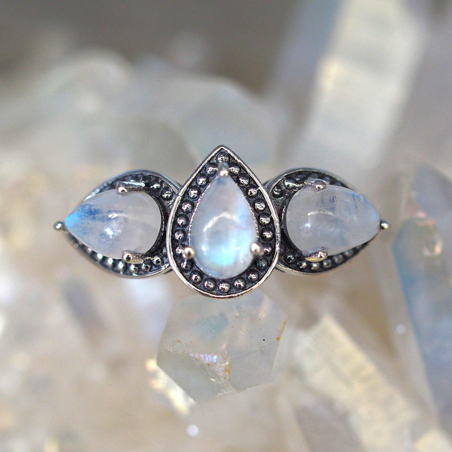 Sterling silver Moonstone Ring sitting on a crystal - womens moonstone jewellery - Australian jewellery brand