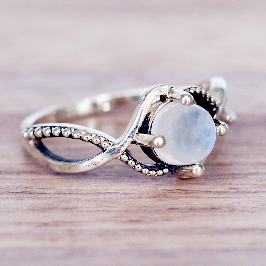 Moonstone Ring on a piece of wood - womens moonstone jewellery by indie and harper