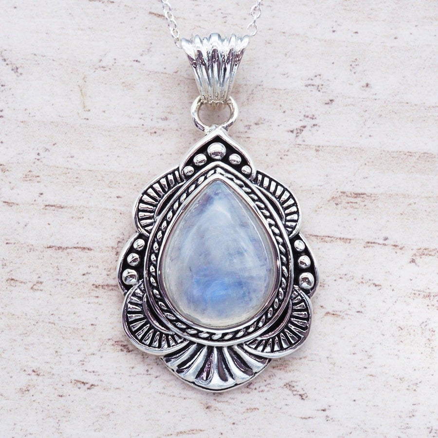 Moonstone Necklace on white piece of wood - Sterling silver necklacees
