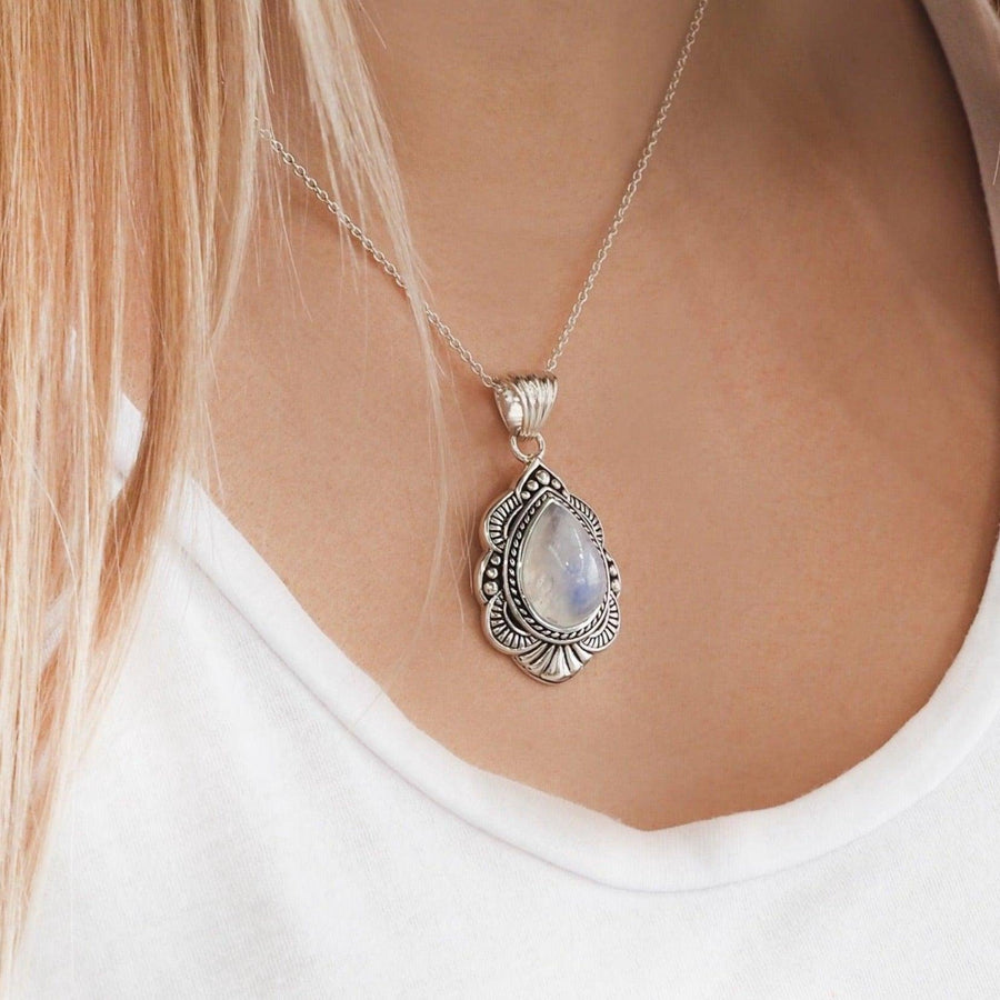 Woman in white top wearing Moonstone Necklace - sterling silver necklaces