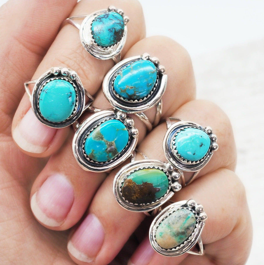 Hand wearing Native Navajo Turquoise Rings - womens turquoise jewellery australia