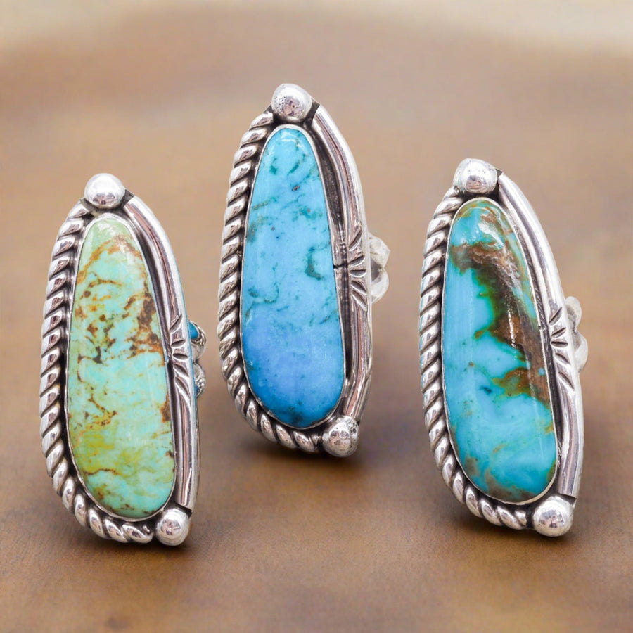 Navajo sterling silver Turquoise Rings in seafoam, green, brown and blue colours - womens turquoise jewellery australia