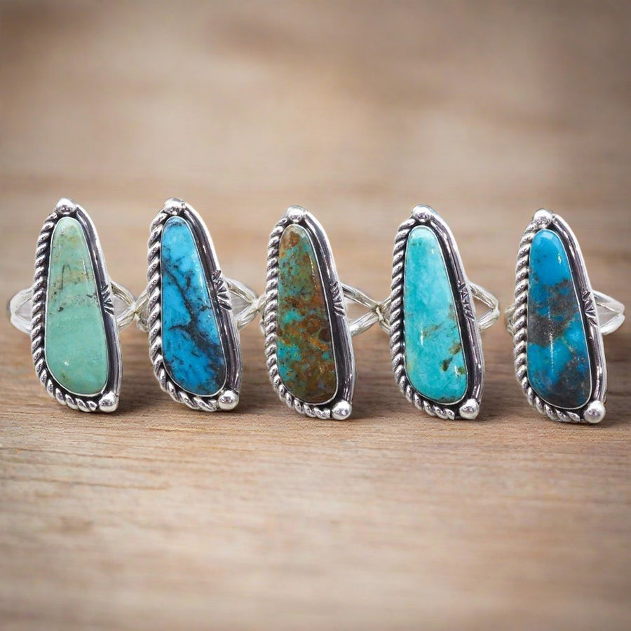 Navajo Turquoise Rings with blue, green, brown and seafoam colours - womens turquoise jewellery australia