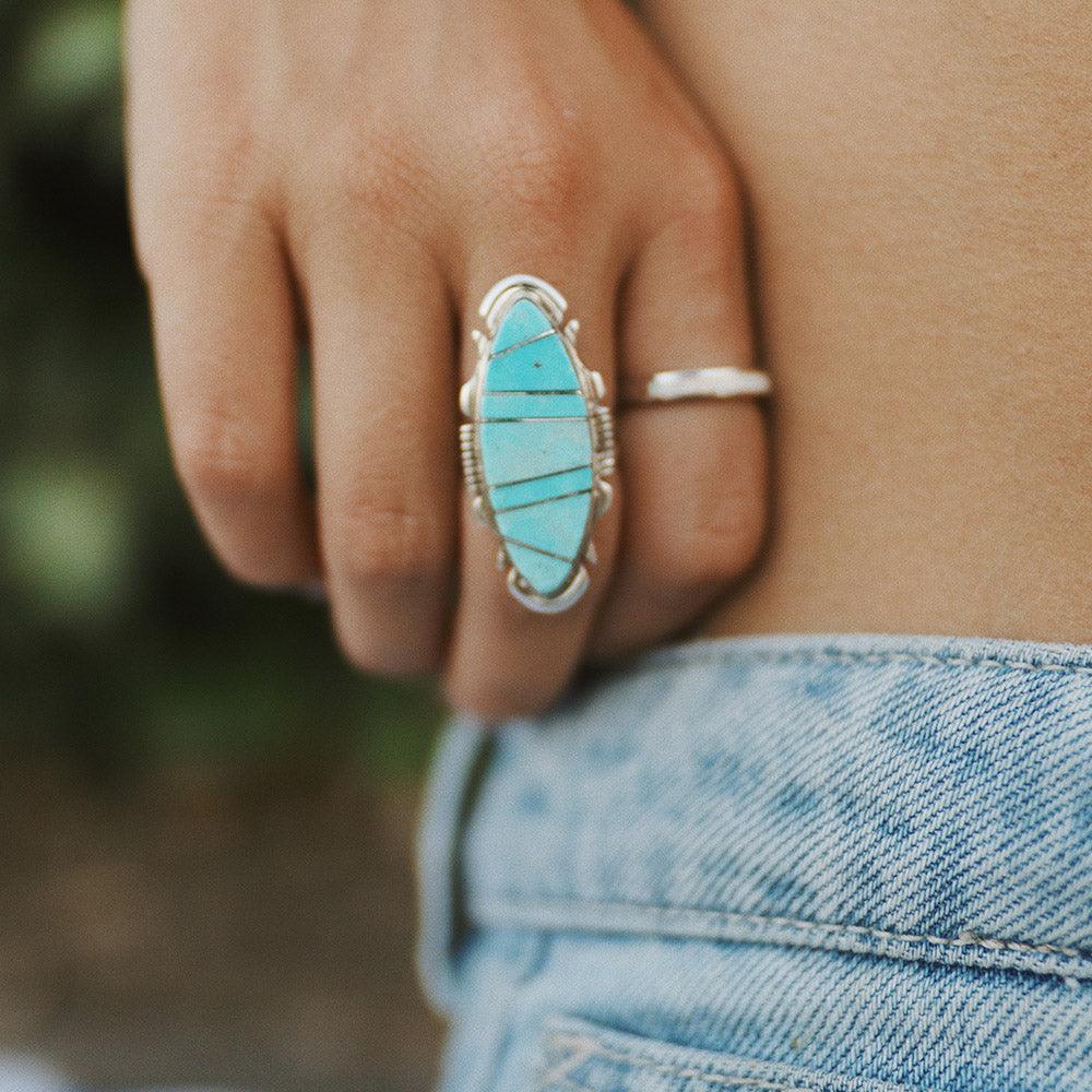 Navajo Silver Detailed Turquoise Ring - womens jewellery by indie and harper