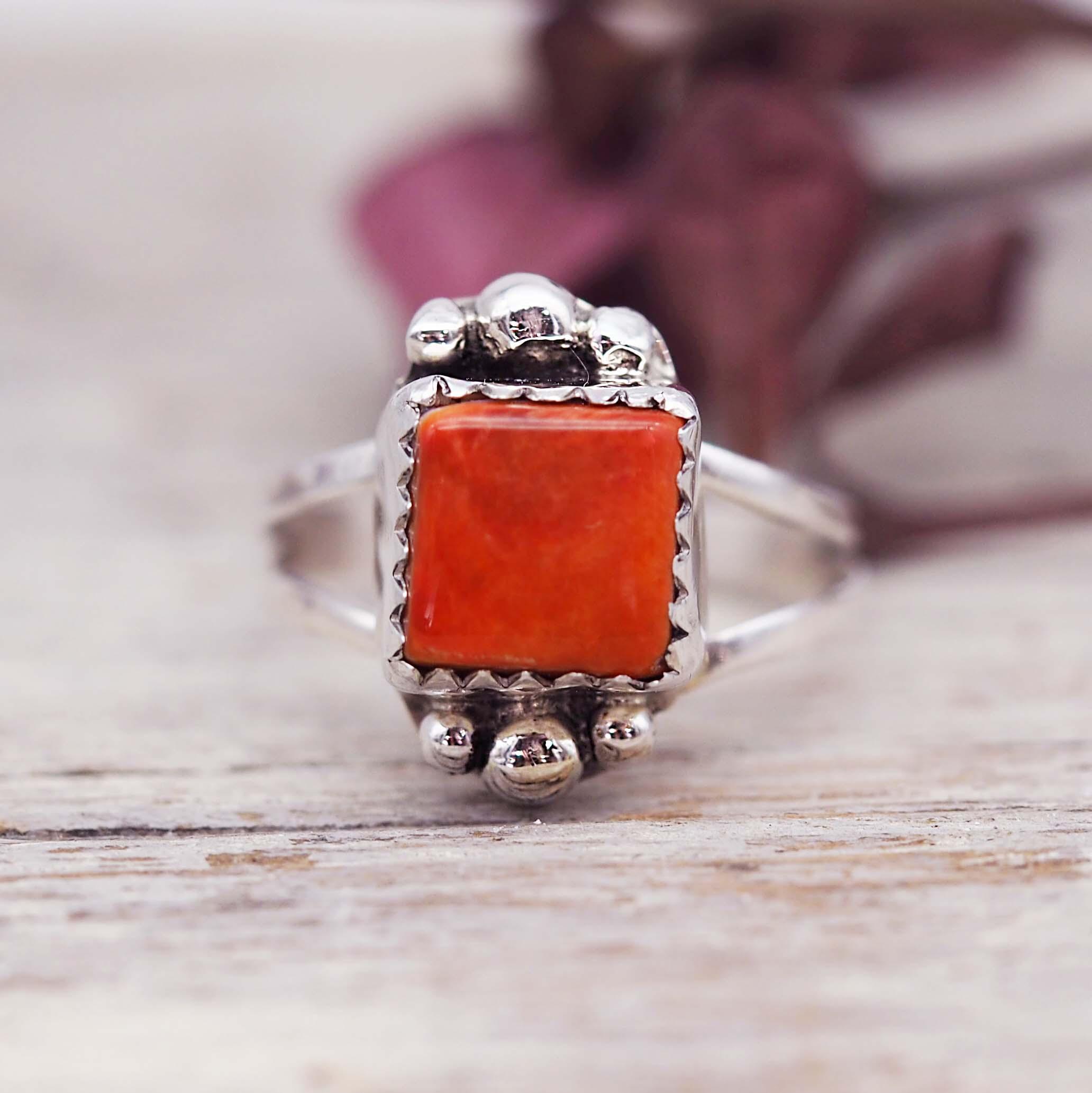 Navajo Square Orange Spiny Oyster Ring - womens jewellery by indie and harper