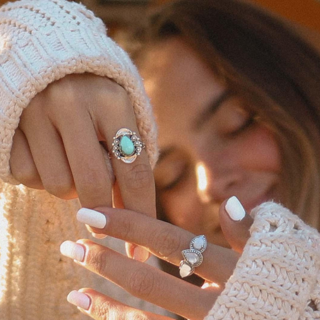 Woman wearing Turquoise Ring - boho jewelry by indie and harper