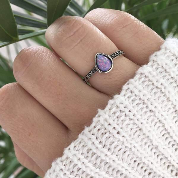 indie and harper sterling silver Purple tear drop Opal Ring being worn