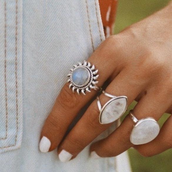 Moonstone Rings being worn - womens moonstone jewellery by indie and harper