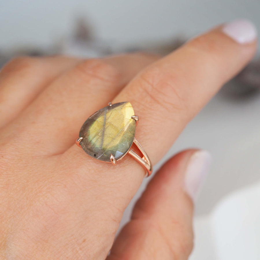 Finger wearing Rose Gold Labradorite Ring - womens rose gold ring - Australian jewellery online
