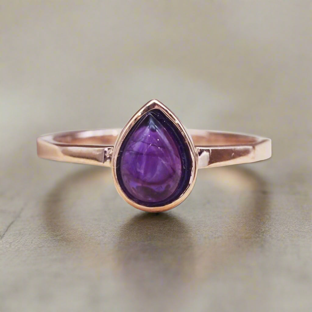 Rose gold February birthstone Amethyst ring by indie and harper Australia 