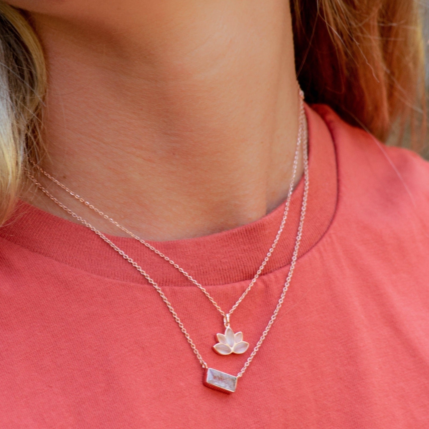 Woman wearing dainty Rose Gold Necklaces - rose gold jewellery Australia by australian jewellery brands indie and harper