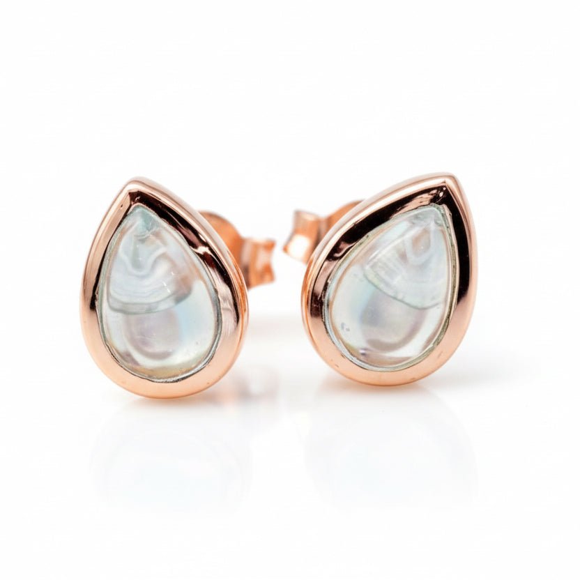 Rose gold teardrop earrings with topaz gemstones on a white background