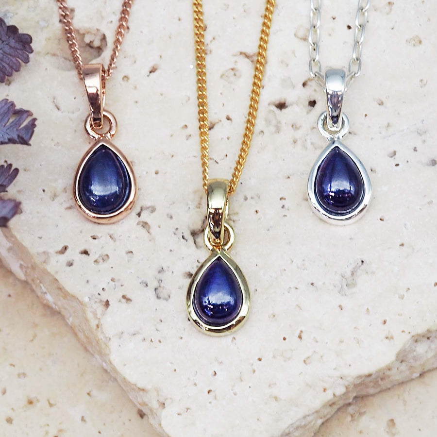 September birthstone necklaces in sapphire and rose gold, gold and silver