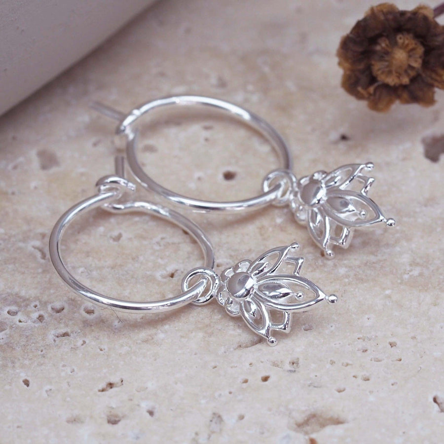 Silver Dainty Lotus Hoop Earrings - womens jewellery by indie and harper