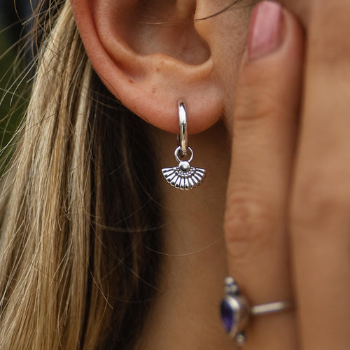 Sterling Silver Fan Charm Huggie Hoop Earrings