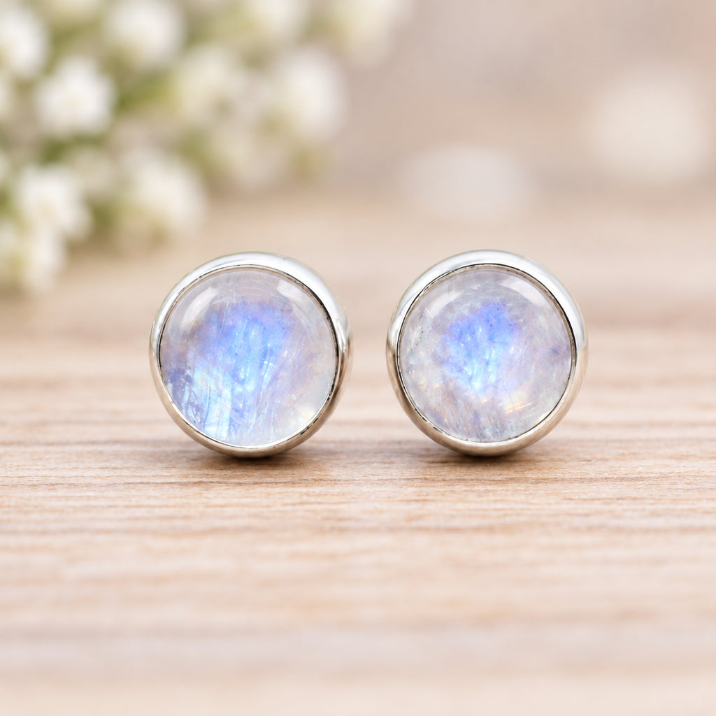 Sterling silver dainty rainbow moonstone stud earrings