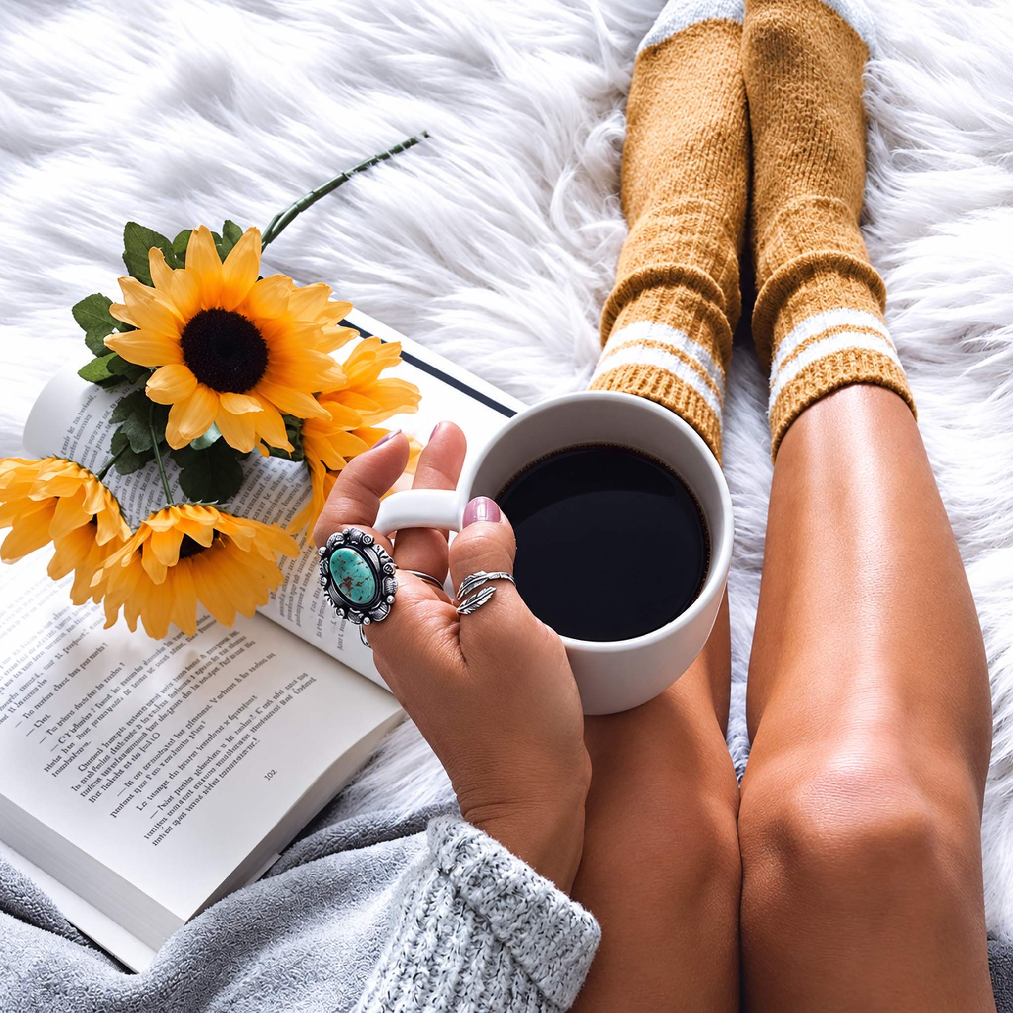 Navajo feather ring lifestyle photo of a woman in bed with coffee wearing silver jewellery