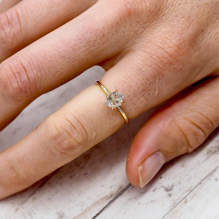 Woman wearing Solid 9ct Rose Gold Ring with herkimer quartz crystal - rose gold jewellery Australia 