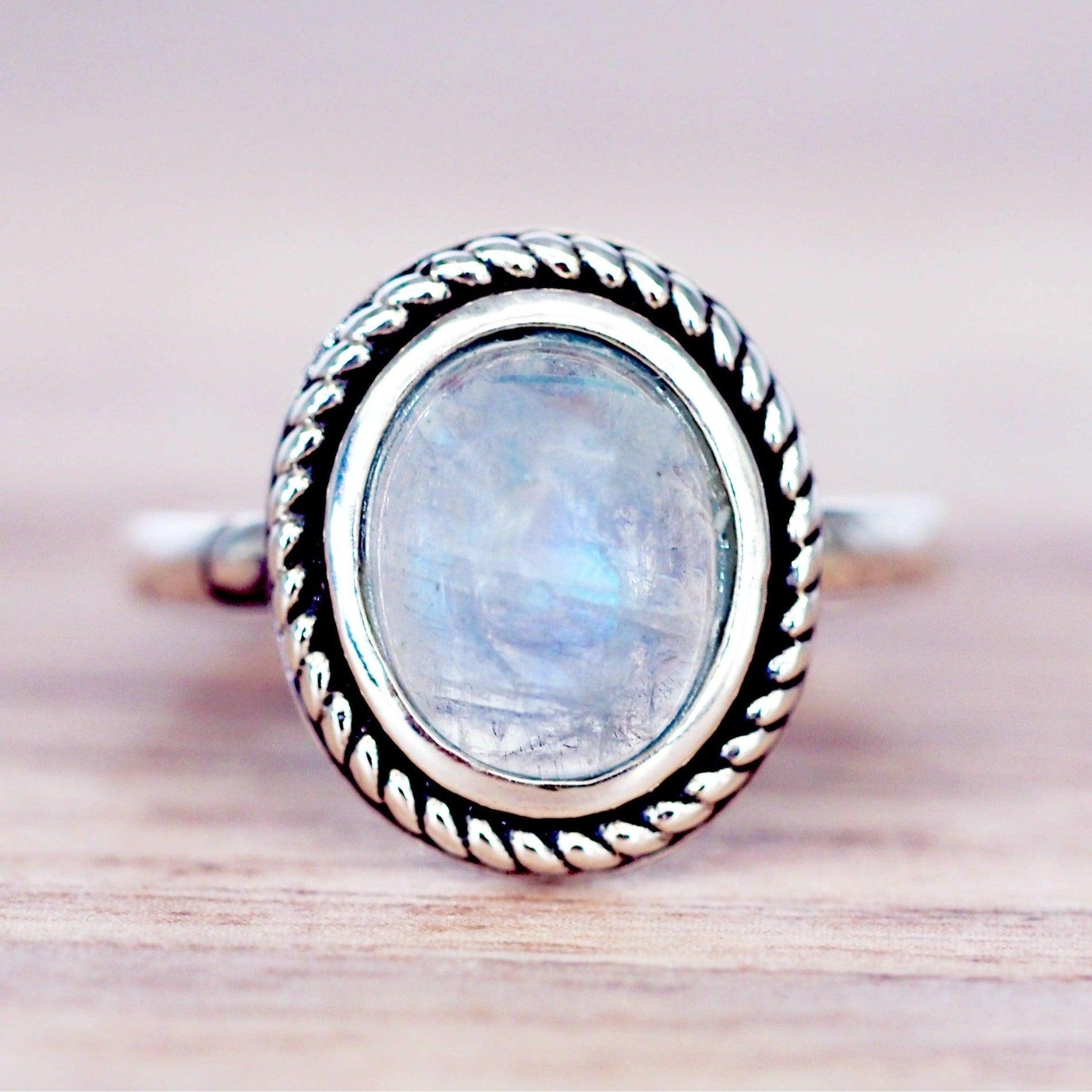 sterling silver bezel-set, cabochon Oval Natural Moonstone Ring