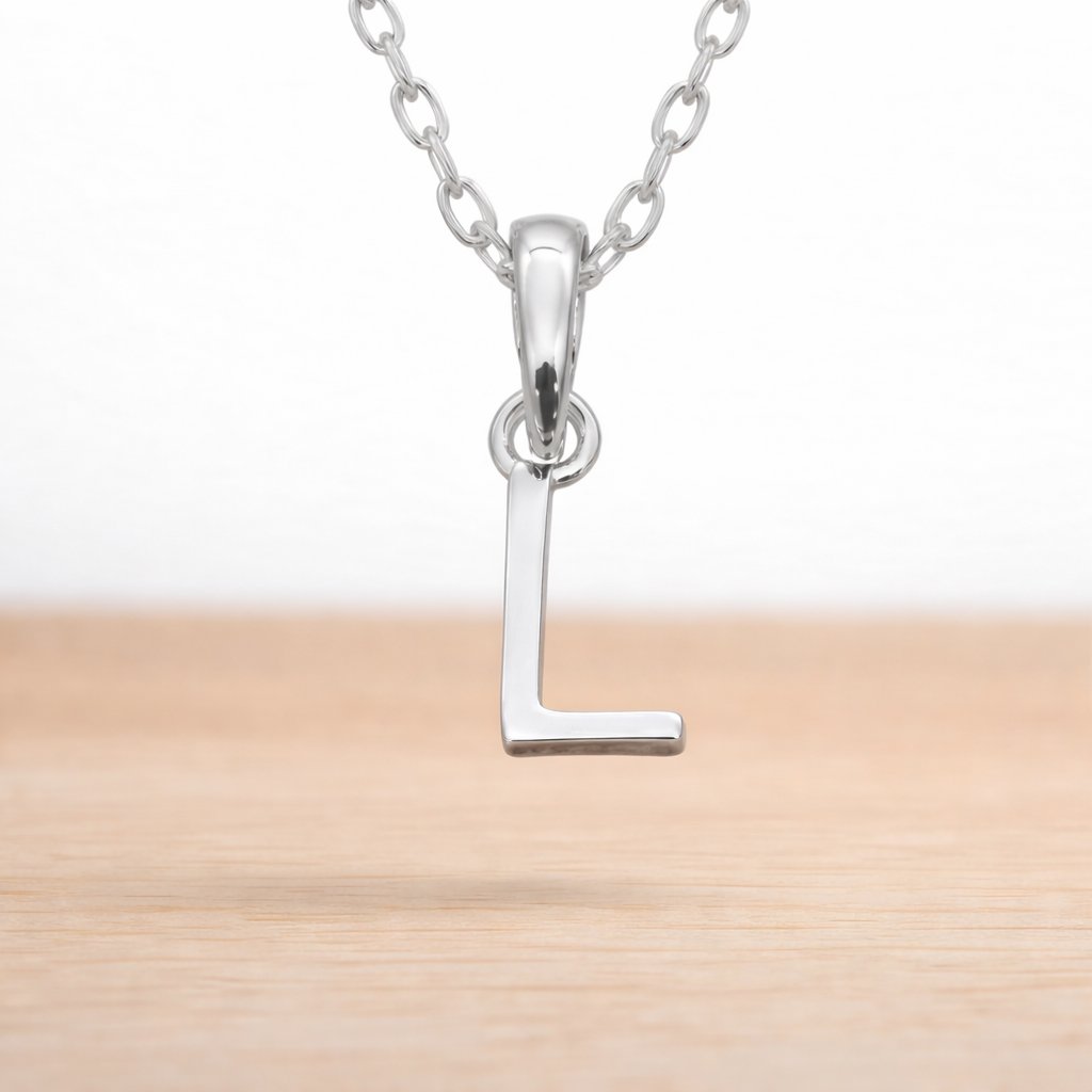 sterling silver initial l pendant on a dainty sterling silver chain
