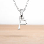 sterling silver initial p pendant on a sterling silver chain necklace