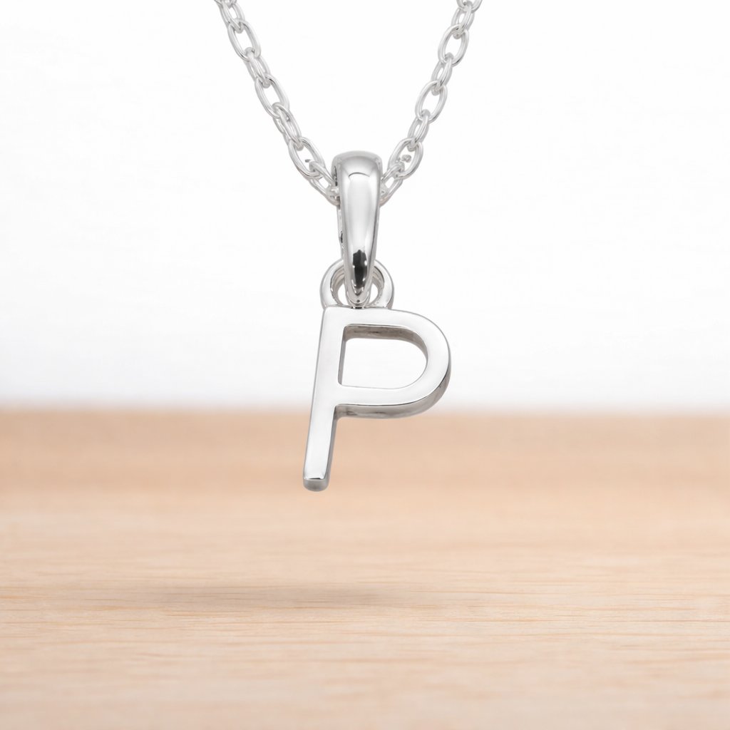 sterling silver initial p pendant on a sterling silver chain necklace