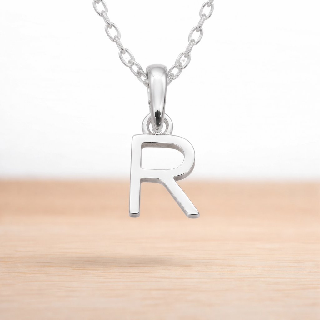sterling silver initial r pendant on a sterling silver chain