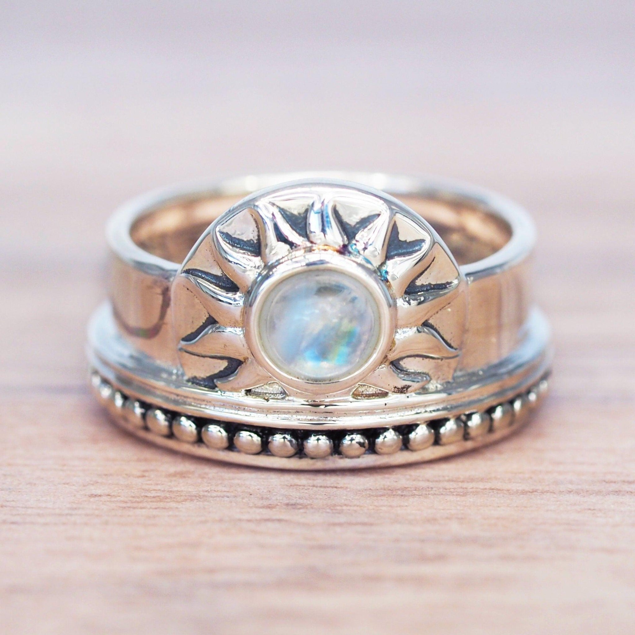 Sterling silver sunrise rainbow moonstone ring