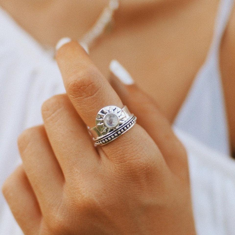 indie and harper Sterling silver sunrise moonstone ring being worn - moonstone jewellery australia