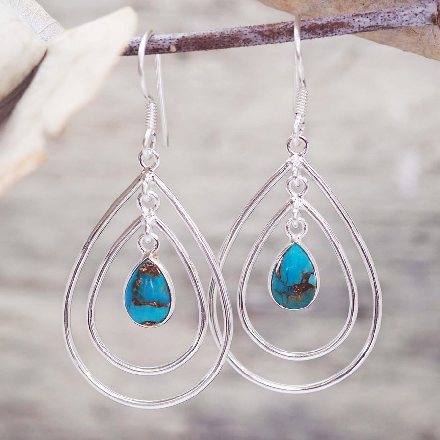 Triple Teardrop Copper Turquoise Earrings hanging on a twig - womens sterling silver jewellery by indie and harper