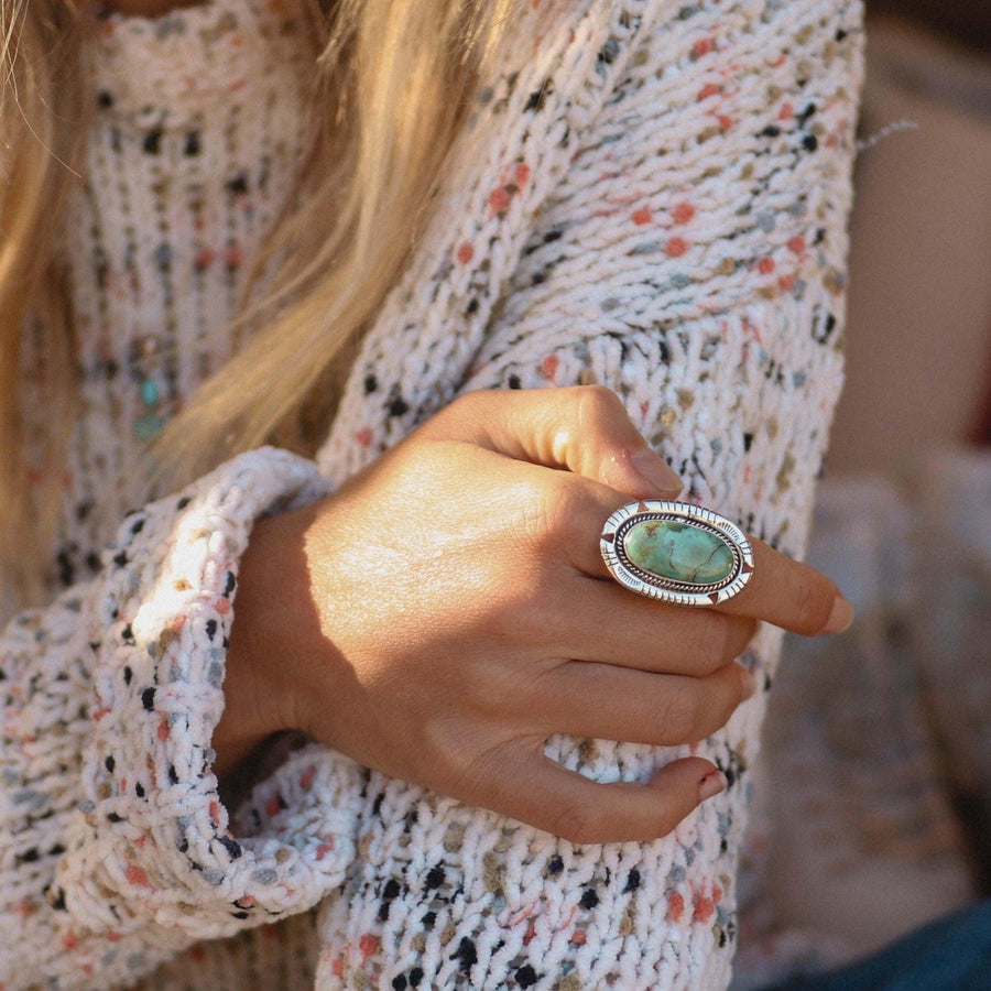 woman in knit jumper wearing Turquoise Ring - womens turquoise jewellery by indie and harper
