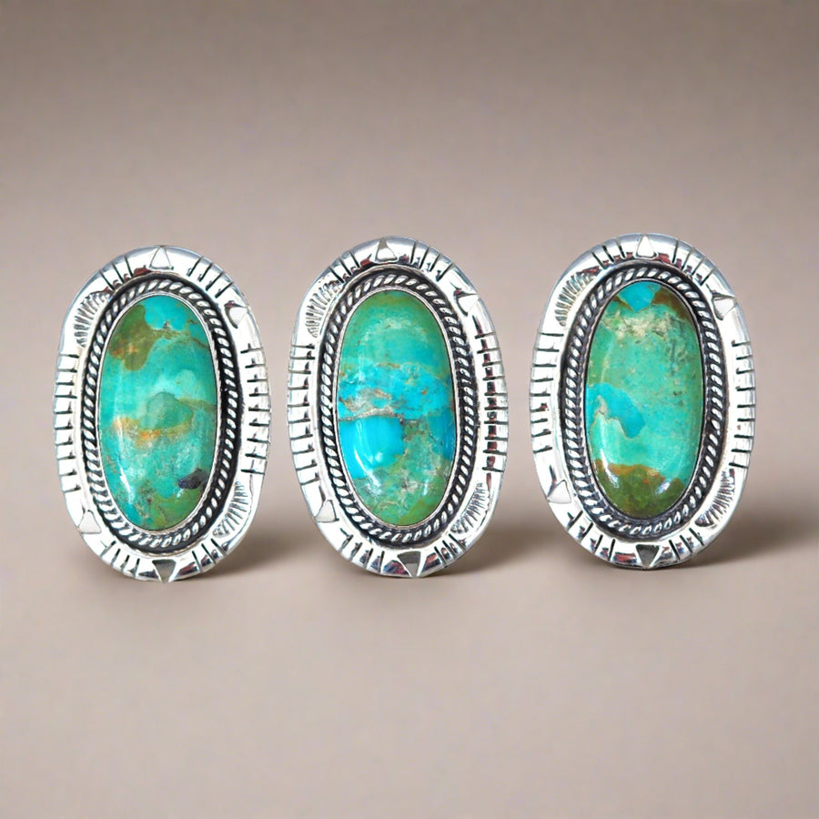 three Turquoise Rings with green and blue colours - womens turquoise jewellery by indie and harper