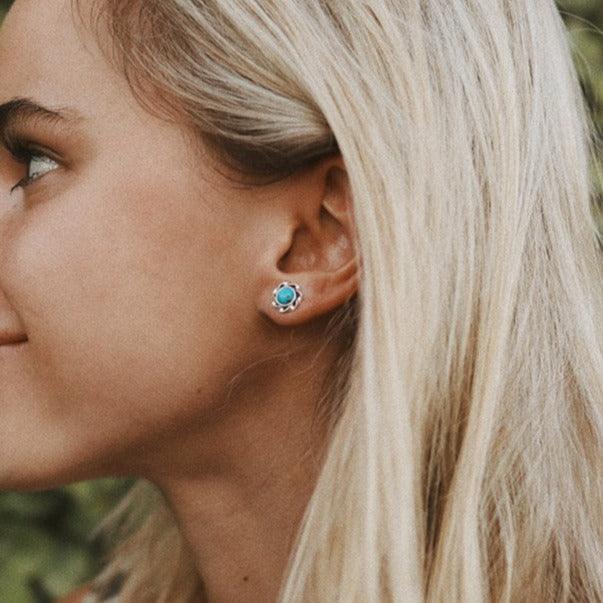 woman with blonde hair wearing Turquoise earrings - womens turquoise jewellery by indie and harper