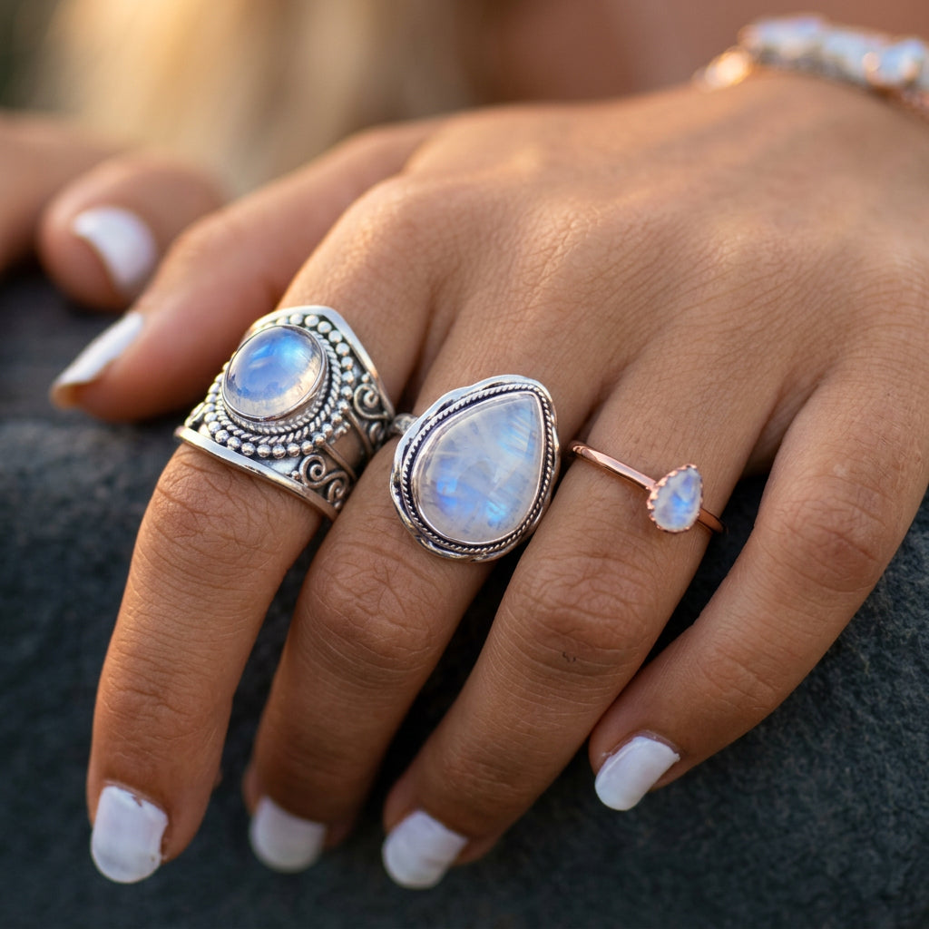 Woman wearing sterling silver moonstone rings, including the rain drop double twist ring